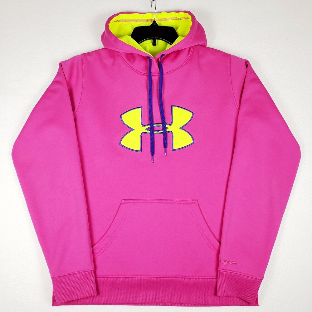 UNDER ARMOUR UA Storm Womens Size M Pink Yellow Logo Hooded Pullover Hoodie Top